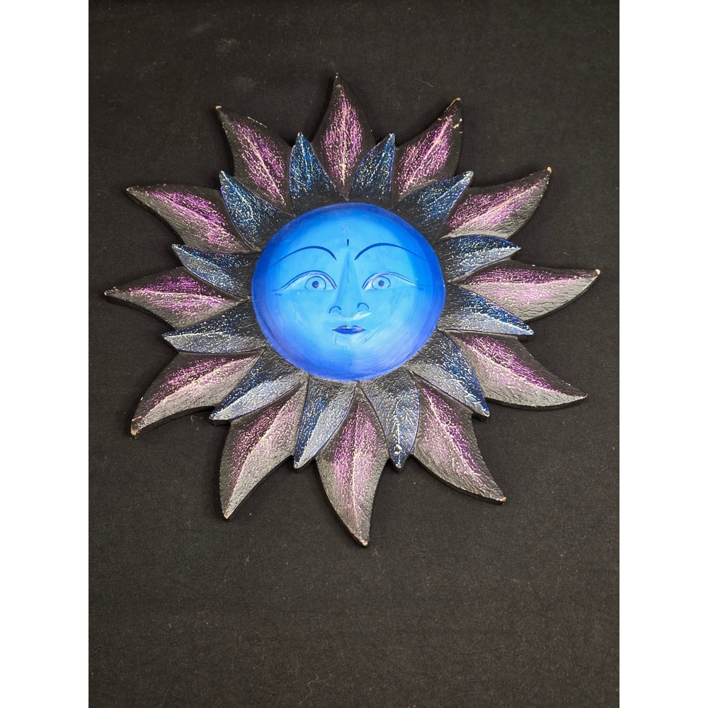 Vintage Celestial Sun Face Wall Decor Blue Purple Glitter Sunburst Plaque 10.5"